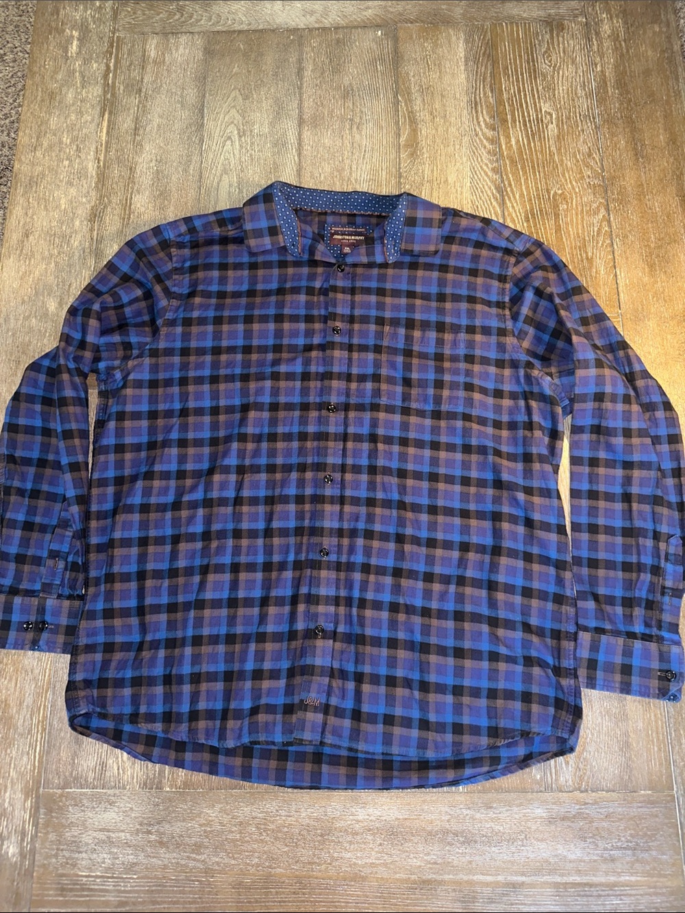 Johnston & Murphy XXL Blue Black Plaid Button Down Shirt Premium European Fabric